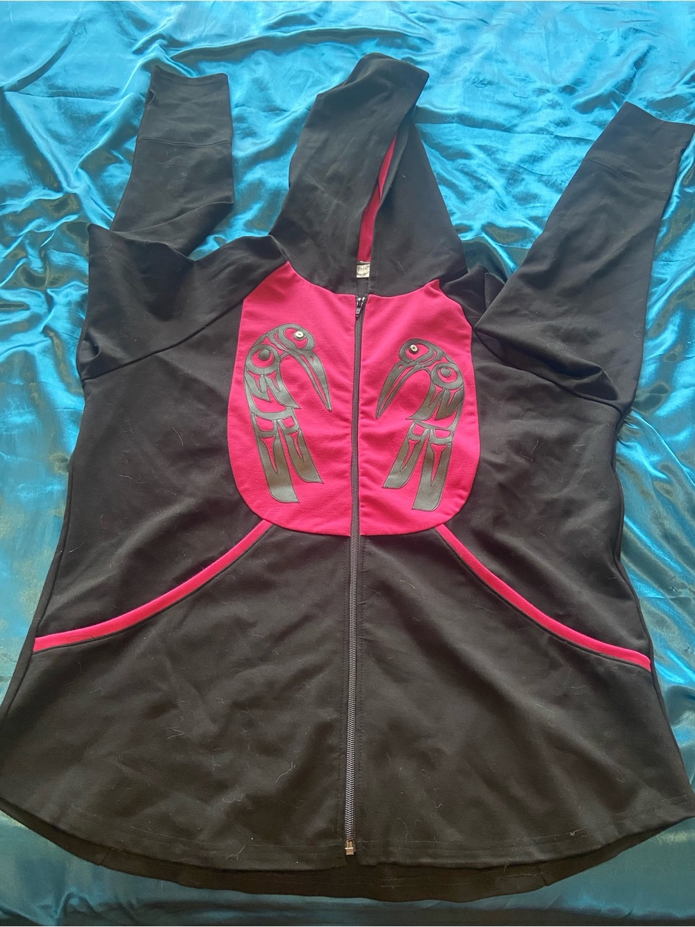 Women’s Black and Magenta Hooded Zip UP Sweater.
